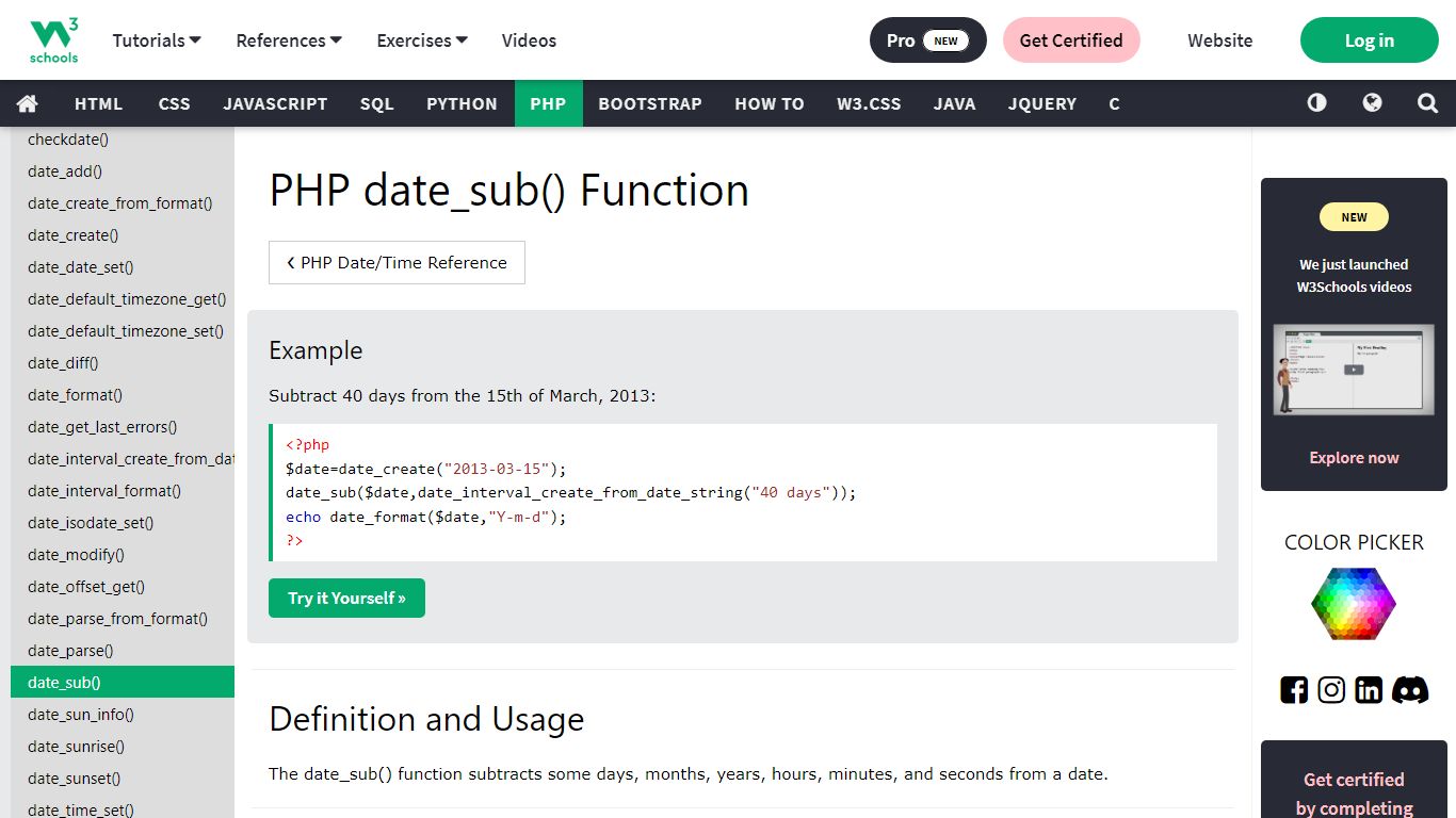 PHP date_sub() Function - W3Schools